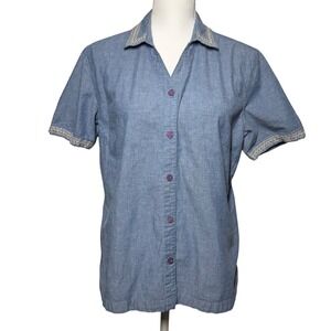 Rebecca Malone Embroidered Chambray Button Down Shirt Large Blue Cotton
